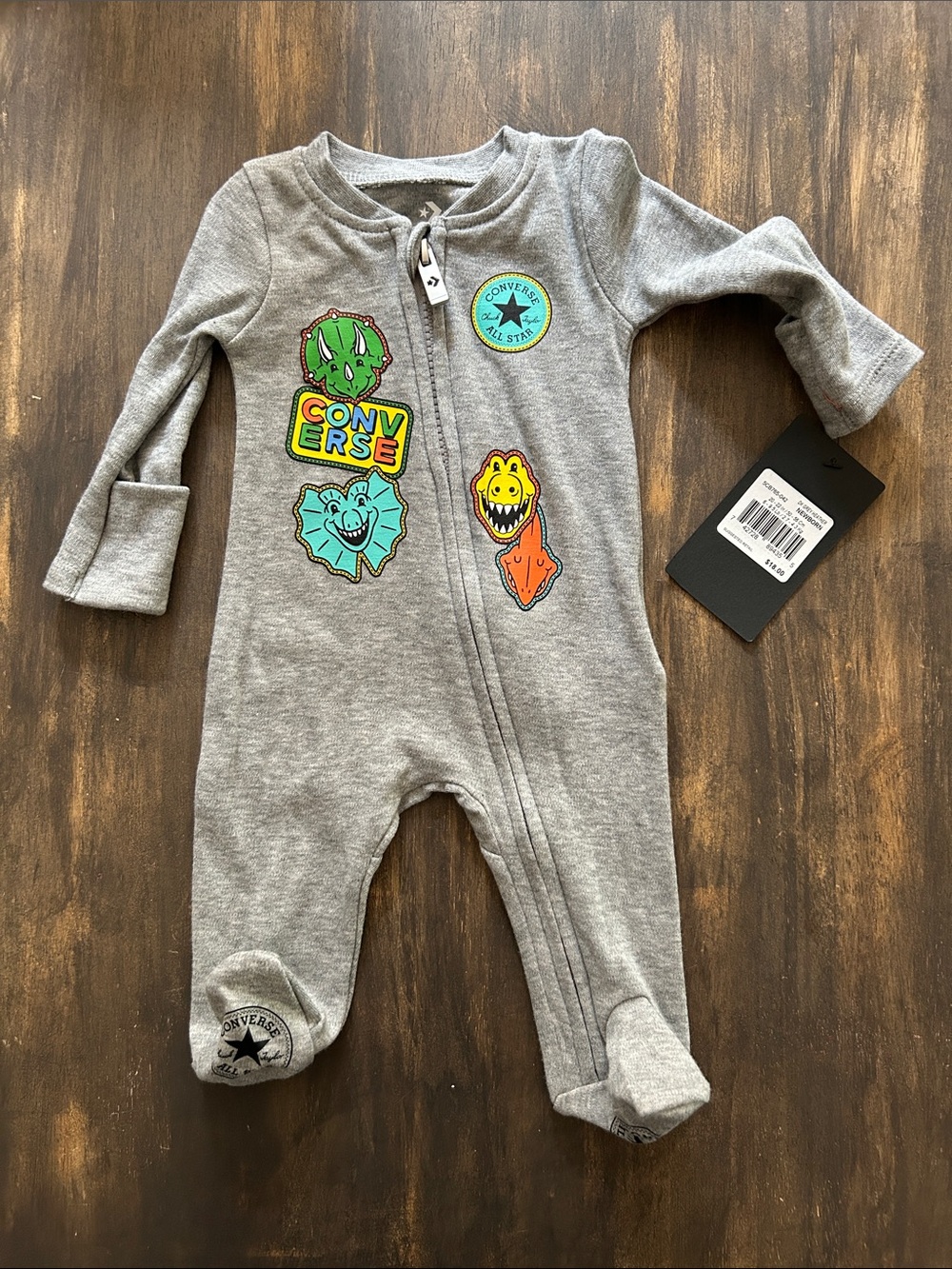 NWT Converse Gray Footed Baby One-Piece with Colorful Dino Patches